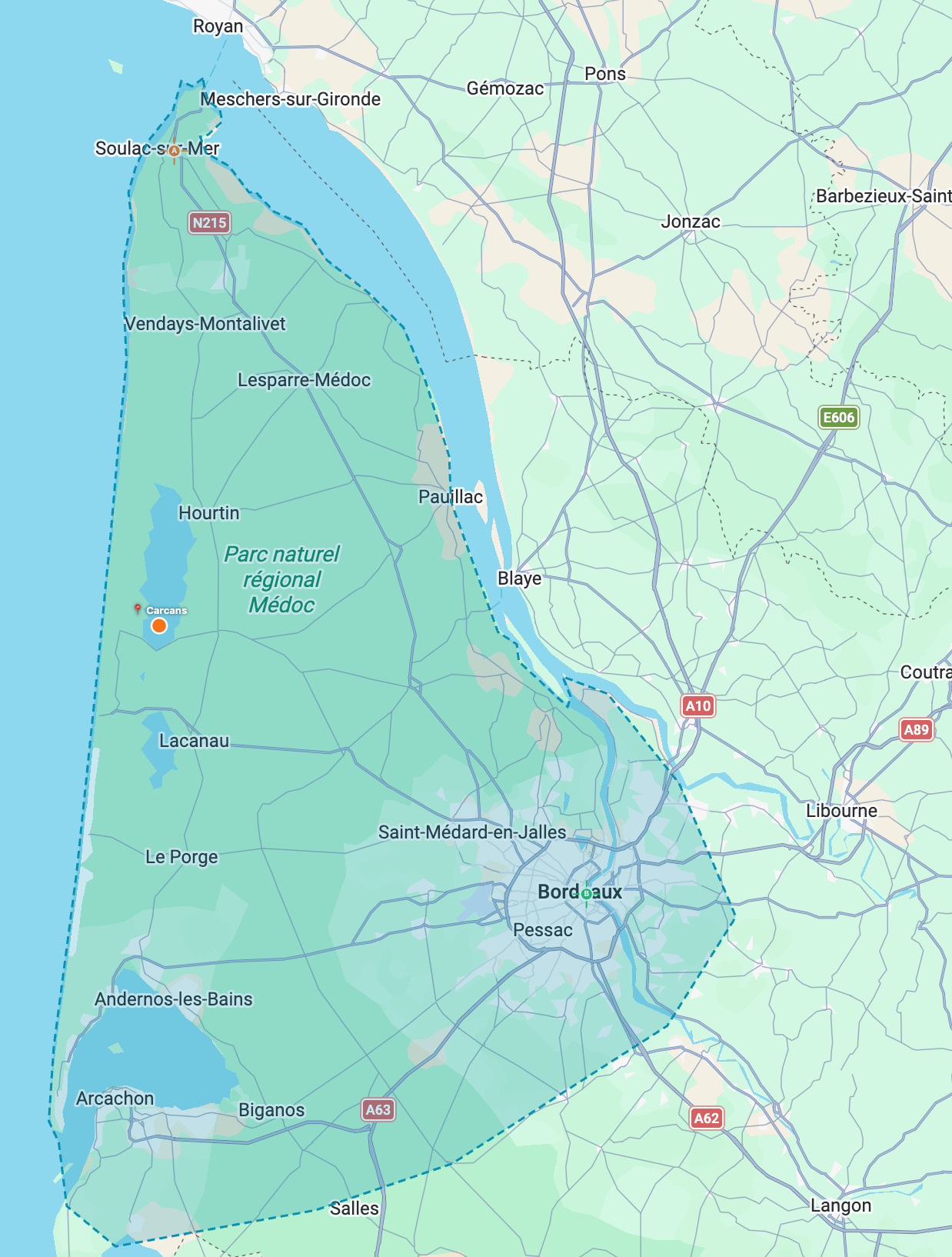 Carte de la zone d'intervention Médoc Élec Réno — Médoc, Bassin d'Arcachon, Bordeaux